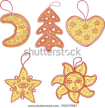Set of Christmas decoration for christmas tree - golden star, moon, sun, heart and christmas tree. Doodle isolated collection. Raster illustration.