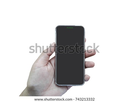 hand holding smartphone blank screen black empty isolated on white background smartphone technology 