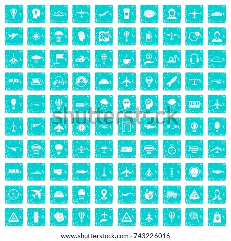100 aviation icons set in grunge style blue color isolated on white background vector illustration