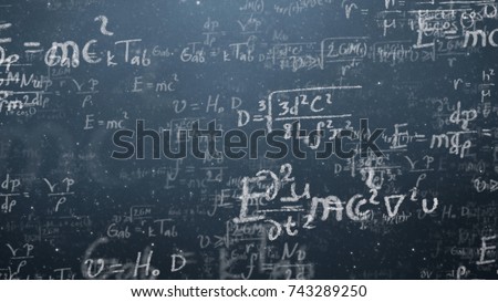 Background shot of blackboard with scientific and algebraic formulas and graphs written on it in graphics. Business concept - sketch with schemes and graphs on chalkboard. 3D Graphics cartoon formula