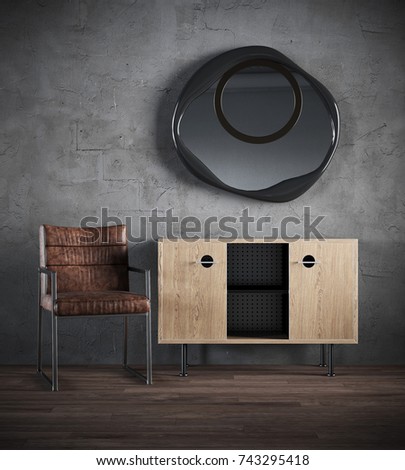 3d render of dark interior with chair, commode, mirror against the background of a concrete wall