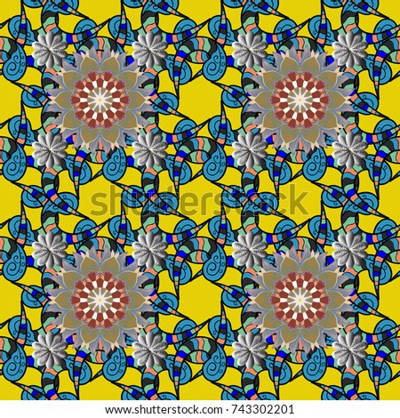 Flowers on yellow, blue and black colors. Seamless flower pattern can be used for wallpaper.