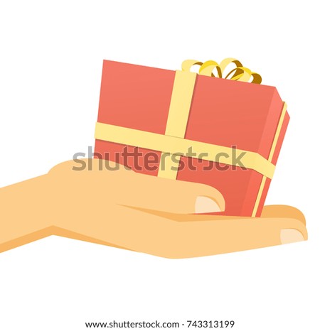 Vector illustration of hand holding gift box with yellow ribbon bow isolated on white background.