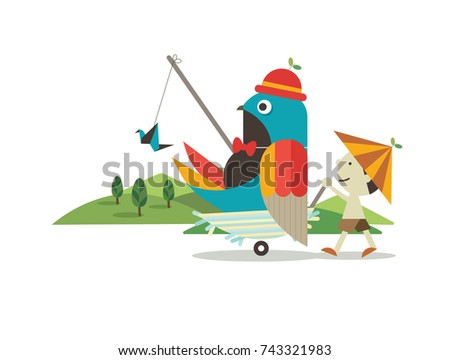 Farmer playing with a bird. Farmer Pushing Trolley with rural background. Natural Geometric Flat illustration.