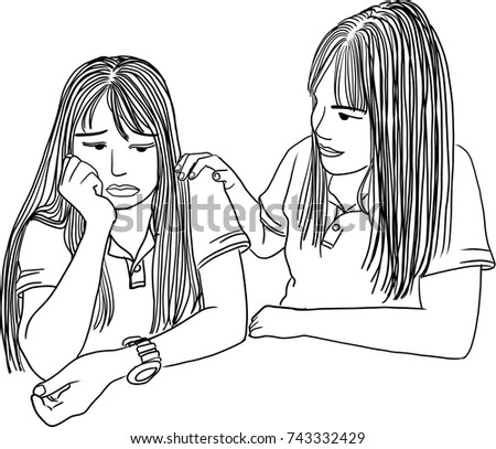 Vector art drawing of young woman consoling her friend or workmate who stressed and in bad emotion on white background, by putting hand on shoulder. Concept of partnership,