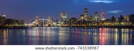 Panoramic view of the city of London with Tower Bridge and the skyscrapers of the square mile