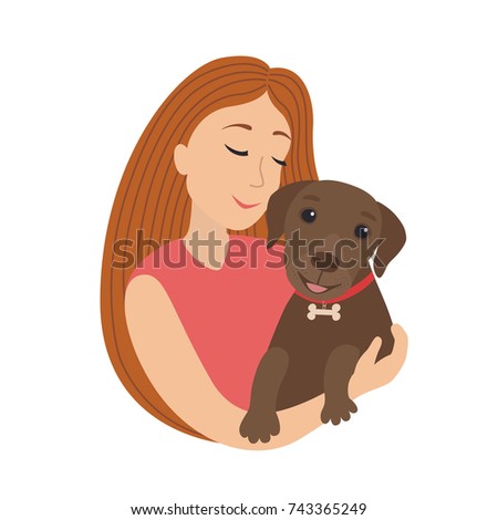 Vector cute cartoon smiling girl hug a puppy labrador, woman hold in embrace her dog lovely pet illustration