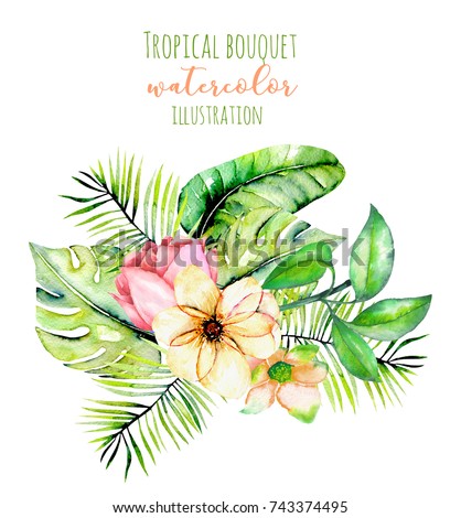 Watercolor tropical palm leaves and flowers exotic bouquet, hand painted isolated on a white background