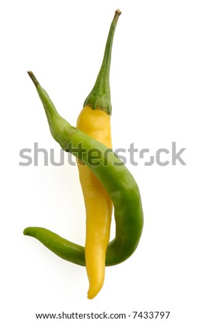 Picture of a green and yellow hot pepper on a white background
