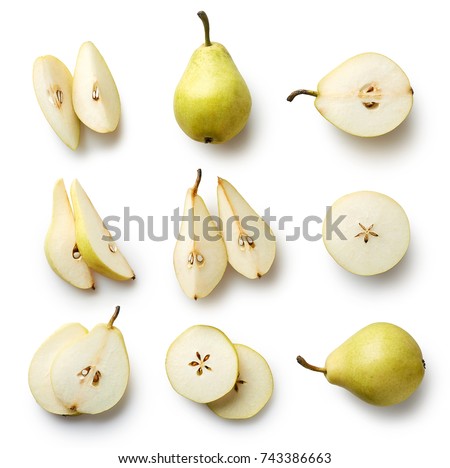 Set of fresh whole and cut pear and slices isolated on white background. From top view Royalty-Free Stock Photo #743386663
