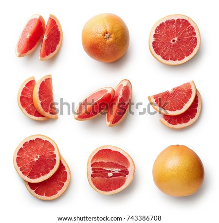 Set of fresh whole and cut grapefruit and slices isolated on white background. From top view Royalty-Free Stock Photo #743386708