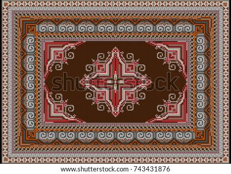 Luxurious ethnic carpet with an ornament on dark brown in the middle and pattern with red and grey shades along the edges
