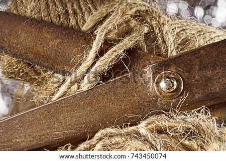 Old rusty steel  scissors, close-up