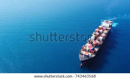 Large container ship at sea - Aerial image Royalty-Free Stock Photo #743463568