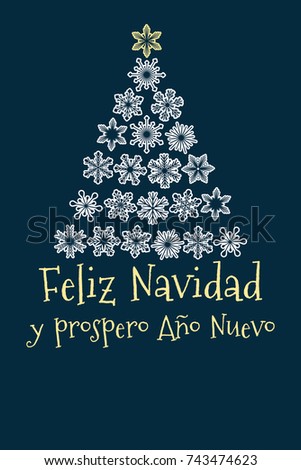 vector christmas tree created from snowflakes with spanish text Merry Christmas and Happy New Year, isolated spain holiday illustration on dark blue background, with blank place for your text