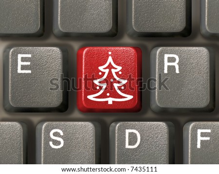 Computer keyboard, key with christmas tree, close-up