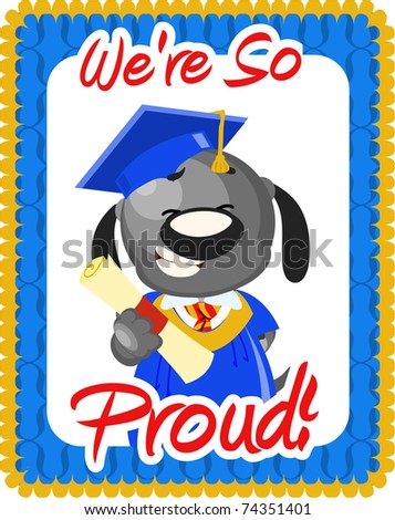 Graduation greeting with dog in cap and gown