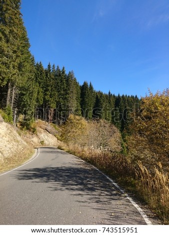 Paved road along the river in the autumn. Country side on an open road with a lake and trees along the water. Clear blue skies during the day with trees all around. Back-roads through the forest.