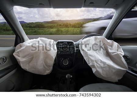 Car of accident make airbag explosion damaged at claim the insurance company. Working car repair  inspection at damaged of accident. Image with clipping path and style blur focus. Royalty-Free Stock Photo #743594302