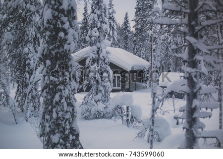 A cozy wooden cabin cottage chalet house covered in snow near ski resort in winter with the lights turn on, evening picture

