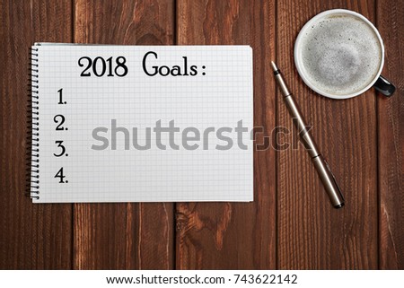 Top view 2018 Goals list with notebook, cup of coffee on wooden desk