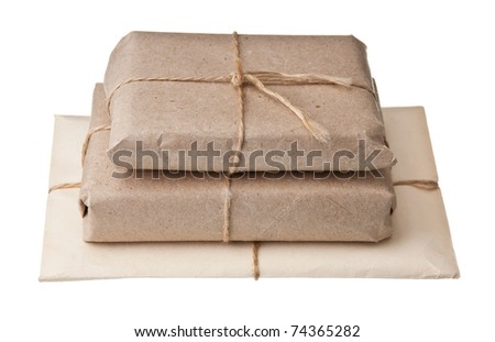 pile parcel wrapped with brown kraft paper isolated on white background