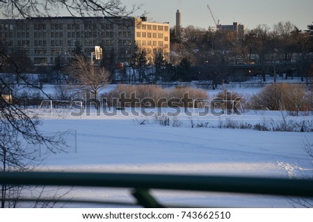 Landscape photography portrait picture of park football soccer field cover with a layer of white snow with trees with a city skyline on the background