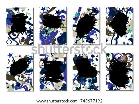 Doodle Stars and Brush Strokes. Set of Bright Covers in Style of Early 90s. Retro Card Design with Firework. Trendy Texture for Posters, Brochures or Book Covers