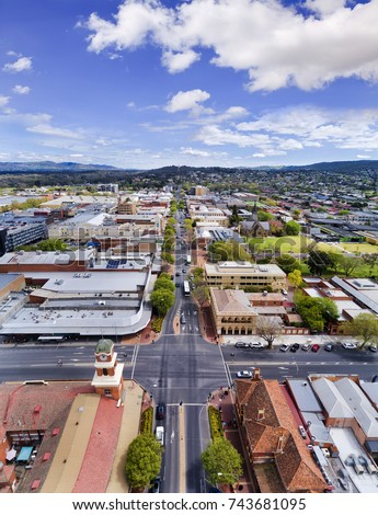 Aerial overhead view along Dean street in rural regional town of New South Wales - Albury. A town at NSW-Victoria border along Hume highway.
