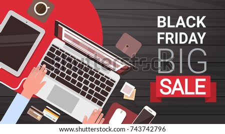Black Friday Big Sale Banner Design With Man Hands Typing On Laptop Computer Above View Vector Illustration