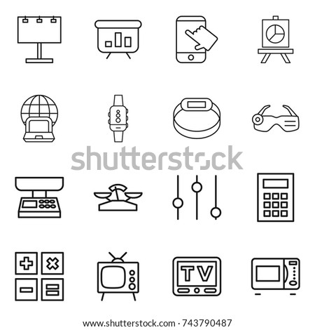 thin line icon set : billboard, presentation, touch, notebook globe, smart watch, bracelet, glasses, market scales, equalizer, calculator, tv, microwave oven