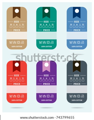 Clothing tag labels with sizing and universal textile care symbols.