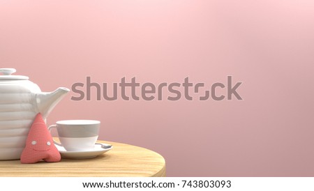 Cup and teapot on wooden table nice picture in the pink room sweet color valentines day Royalty-Free Stock Photo #743803093