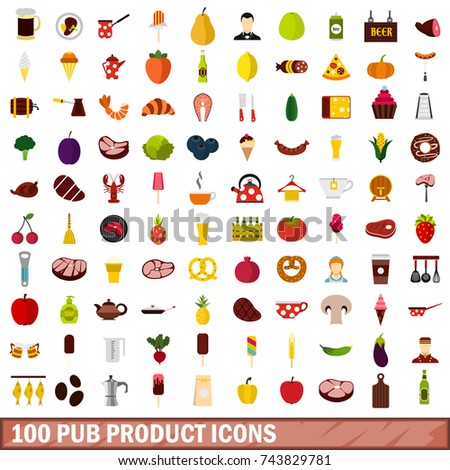 100 pub product icons set in flat style for any design  illustration