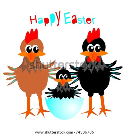 happy easter,hen, rooster and chick, funny illustration