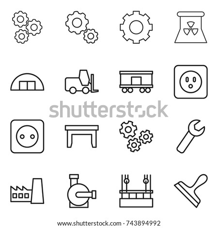 thin line icon set : gear, nuclear power, hangare, fork loader, railroad shipping, socket, table, gears, wrench, factory, water pump, skysrcapers cleaning, scraper