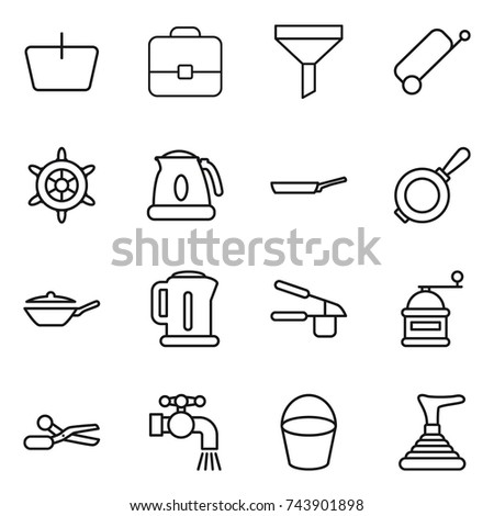 thin line icon set : basket, portfolio, funnel, suitcase, handwheel, kettle, pan, garlic clasp, hand mill, scissors, water tap, bucket, plunger