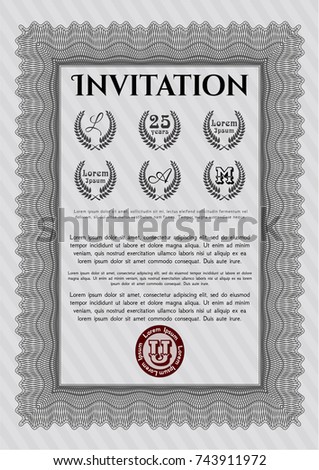 Grey Retro invitation. Artistry design. Detailed. With complex background. 