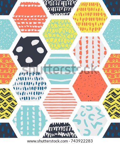 Colorful seamless patterns with honeycombs. Multicolor endless background with textured cells on white. Handdrawn stylish doodle ornament for fabric, wrapping, packaging paper, wallpaper, backdrop