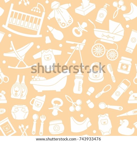 Seamless background. Clothes, food, cosmetics and equipment for newborns