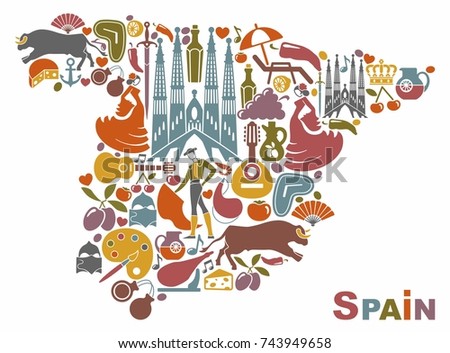 Traditional symbols of Spain in the form of a map.