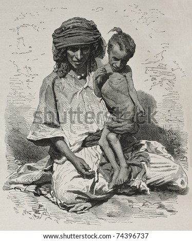 Antique illustration of undernourished mother and son in Algeria. Created by Janet-Lange and Dutheil after photo of Sarrault, published on L'Illustration, Journal Universel, Paris, 1868