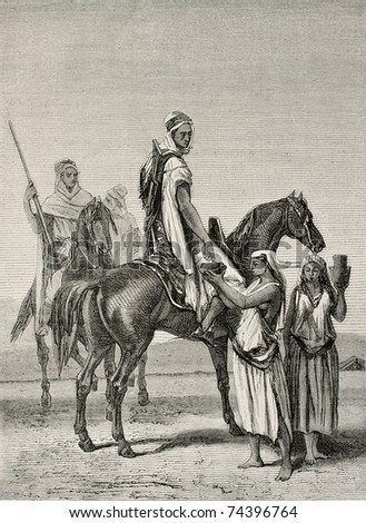 Antique illustration shows arab women offering milk to horsemen. By Duvaux and Cosson-Smeeton on tablet of Ginain, published on L'Illustration, Journal Universel, Paris, 1868