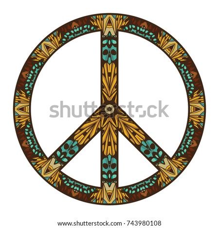 International peace symbol with flowers isolated on white.