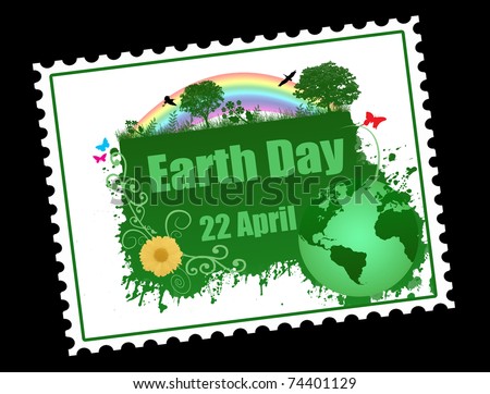 Earth day stamp with trees, flowers, birds and butterflies, vector illustration