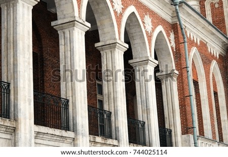 Architecture of Tsaritsyno park in Moscow. Popular touristic landmark. Color photo.