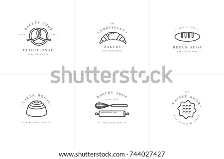 Set vector design templates and emblems - waffle, croissant and pretzel, loaf icon for bakery shop. Sweet shop. Logo in trendy linear style