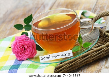 Good morning card with cup of lemon tea and one pink wild rose
