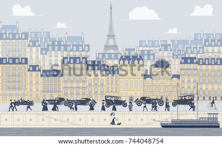 The landscape of the historic part of Paris, the promenade, old traditinal buildings, palaces, walking people and cars. Handmade drawing vector illustration. Vintage style.