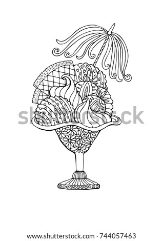 Sundae with strawberry. Hand drawn picture. Sketch for anti-stress adult coloring book in zentangle style. Vector illustration for coloring page.